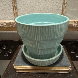 Vintage large Turquoise Basketweave Planter